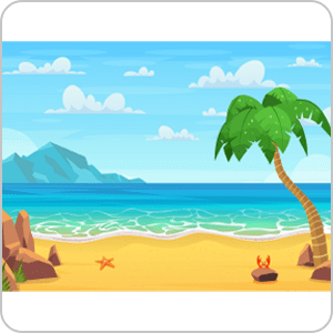 A beach with a palm tree and some rocks